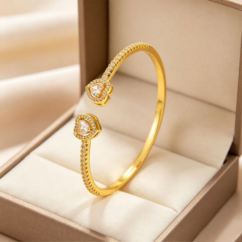 2pcs Double Heart Opening Stainless Steel & Copper Bracelet Set